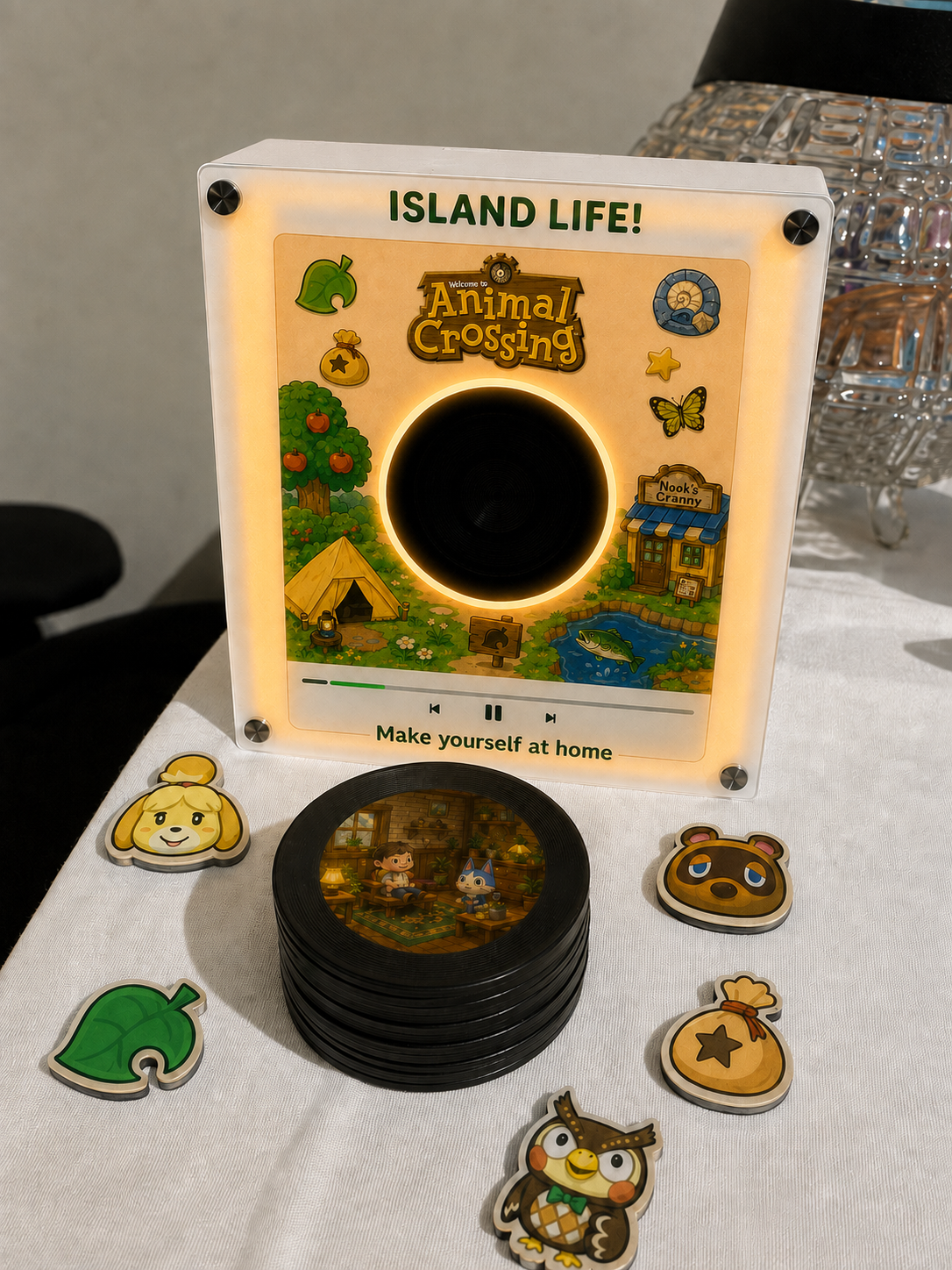 CrossingCraft frame on table with discs and character chips
